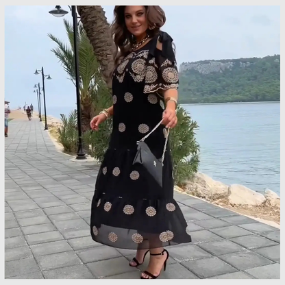 Robe Longue Bohème Imprimée en Dentelle Noire