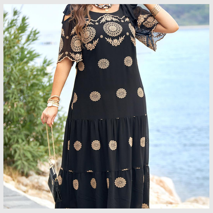 Robe Longue Bohème Imprimée en Dentelle Noire