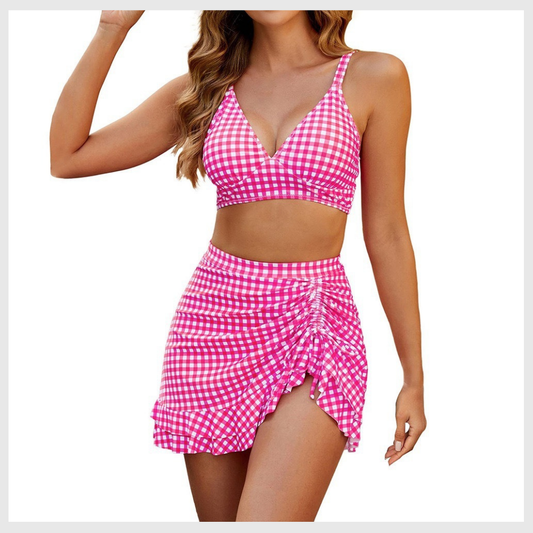 Bikini 2 pièces taille haute avec haut dos-nu et jupe froncée