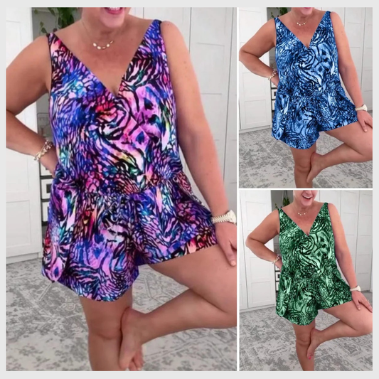 Maillot de Bain Imprimé Sans Manches à Col en V – Confort et Style Éclatant