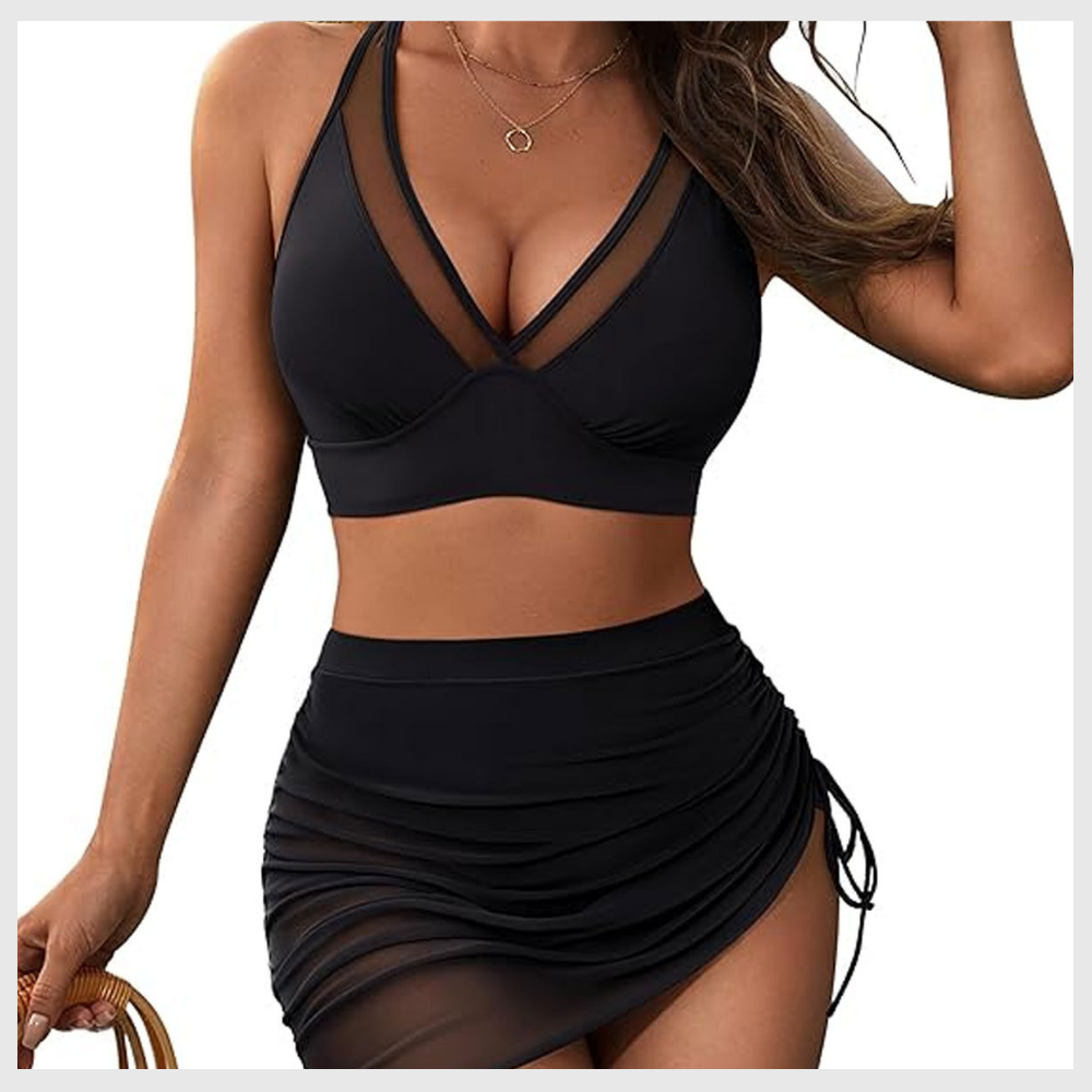 Ensemble Bikini Taille Haute Gainant avec Jupe en Mesh Intégrée