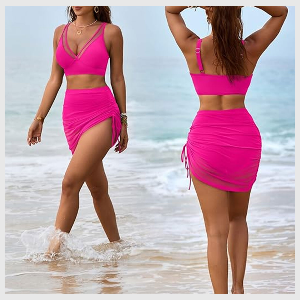 Ensemble Bikini Taille Haute Gainant avec Jupe en Mesh Intégrée