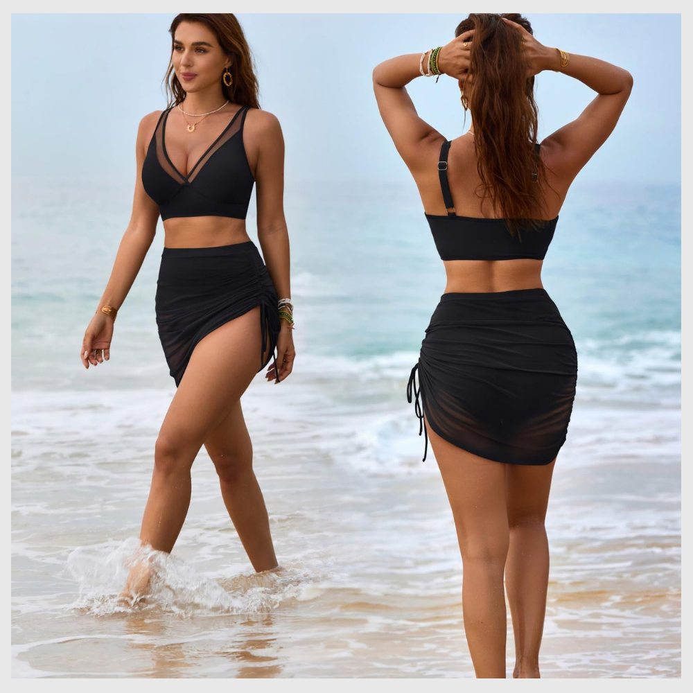 Ensemble Bikini Taille Haute Gainant avec Jupe en Mesh Intégrée