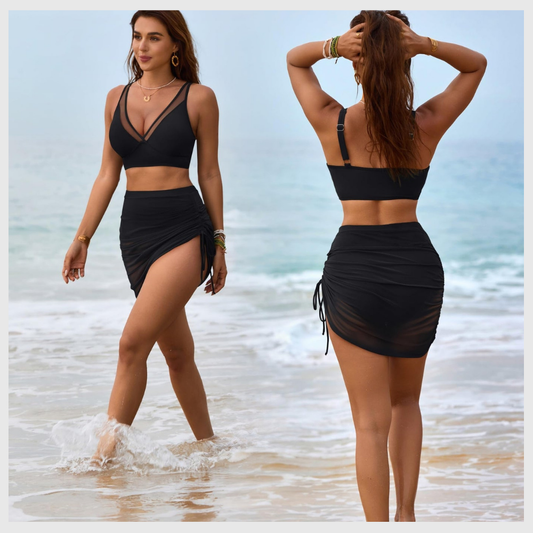 Ensemble Bikini Taille Haute Gainant avec Jupe en Mesh Intégrée