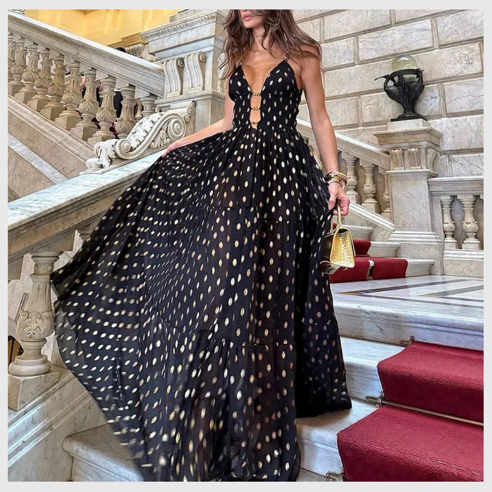 Maillot de bain une pièce à pois noirs et dorés avec col en V et jupe