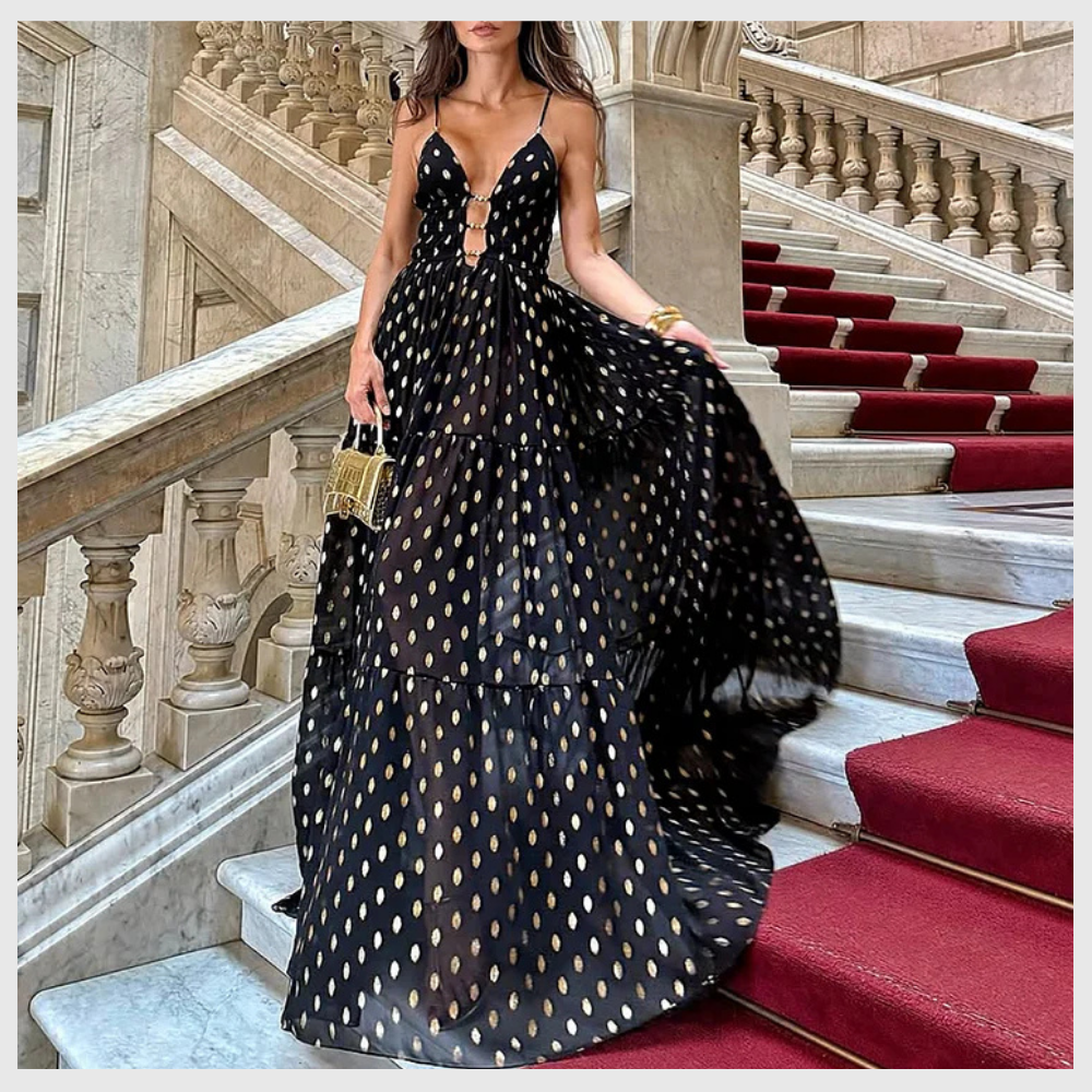 Maillot de bain une pièce à pois noirs et dorés avec col en V et jupe