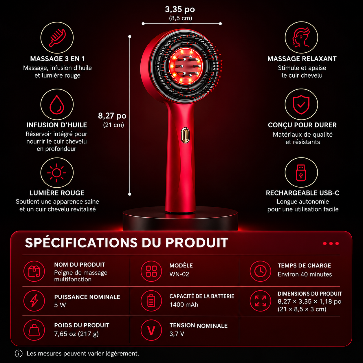 Racinéa™ — Brosse Massage Cuir Chevelu 3-en-1 avec Lumière Rouge & Diffuseur d’Huile