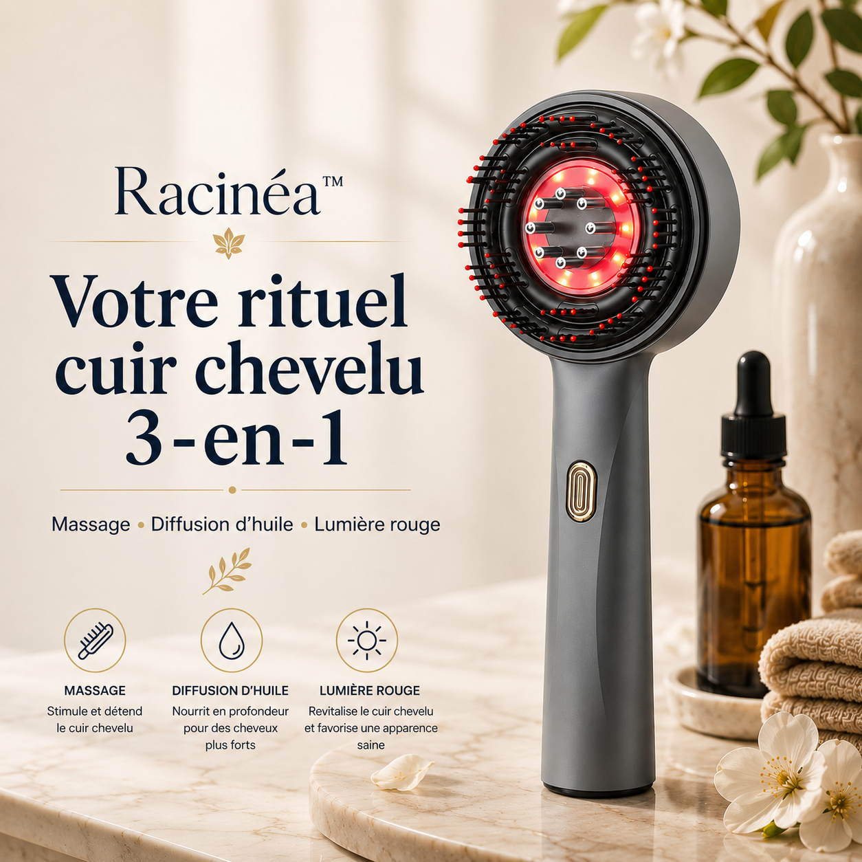 Racinéa™ — Brosse Massage Cuir Chevelu 3-en-1 avec Lumière Rouge & Diffuseur d’Huile