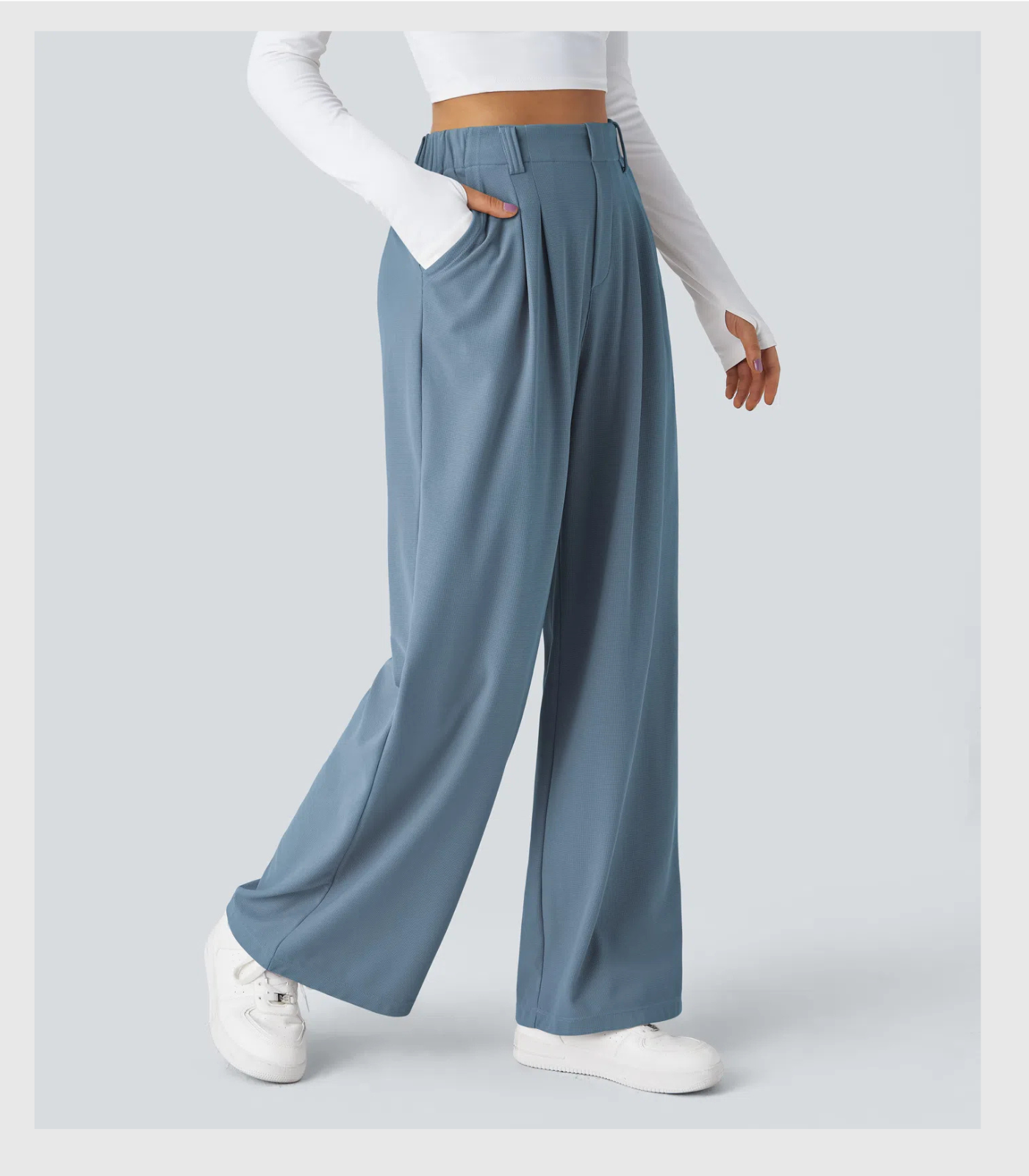 ComfyFlex™ - Pantalon Tailleur Gaufré Taille Haute Poches Latérales Jambe Large