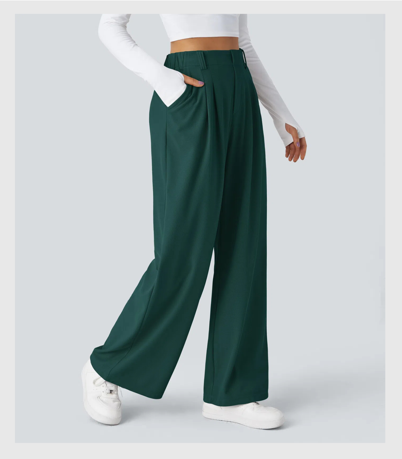 ComfyFlex™ - Pantalon Tailleur Gaufré Taille Haute Poches Latérales Jambe Large