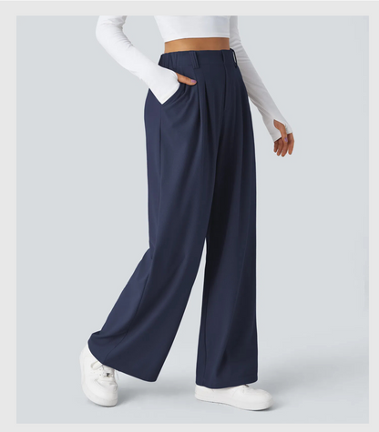 ComfyFlex™ - Pantalon Tailleur Gaufré Taille Haute Poches Latérales Jambe Large