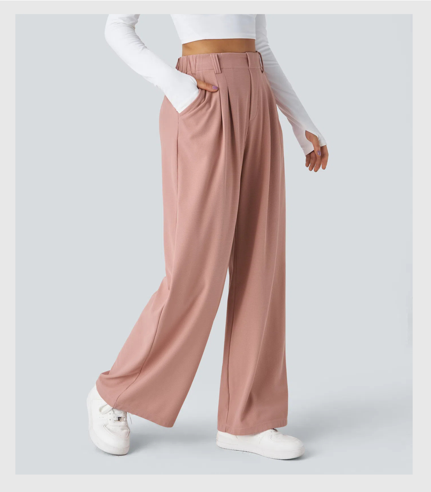 ComfyFlex™ - Pantalon Tailleur Gaufré Taille Haute Poches Latérales Jambe Large