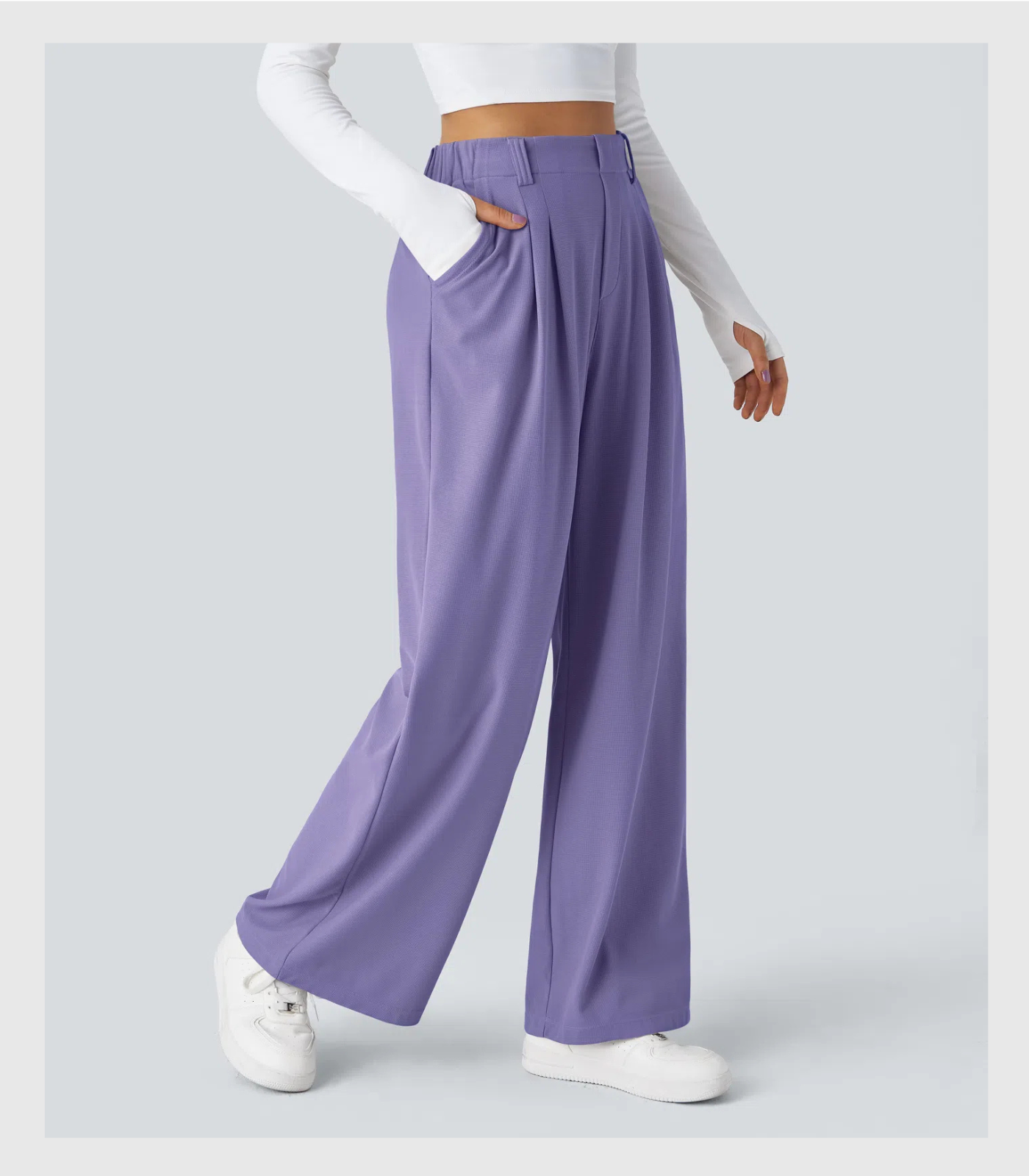 ComfyFlex™ - Pantalon Tailleur Gaufré Taille Haute Poches Latérales Jambe Large