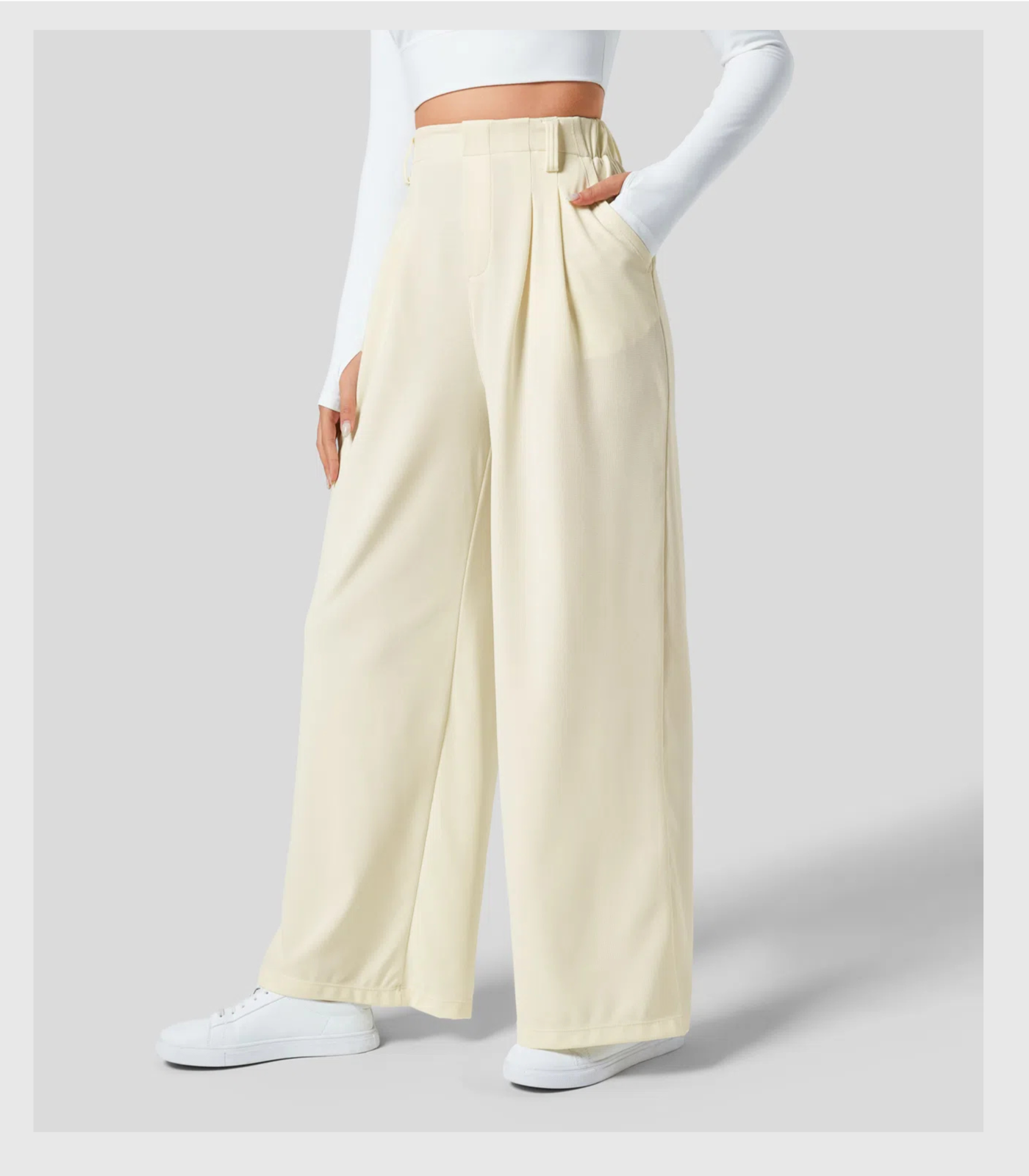 ComfyFlex™ - Pantalon Tailleur Gaufré Taille Haute Poches Latérales Jambe Large