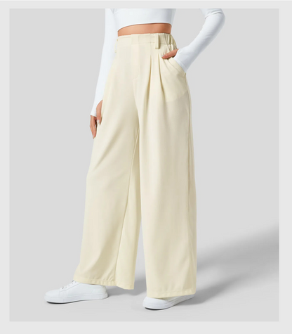 ComfyFlex™ - Pantalon Tailleur Gaufré Taille Haute Poches Latérales Jambe Large