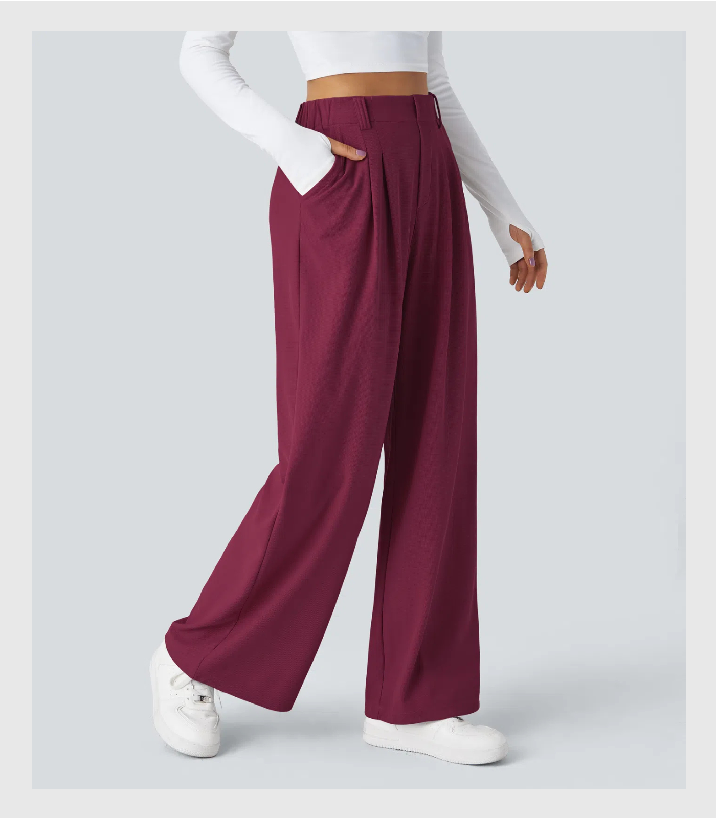 ComfyFlex™ - Pantalon Tailleur Gaufré Taille Haute Poches Latérales Jambe Large