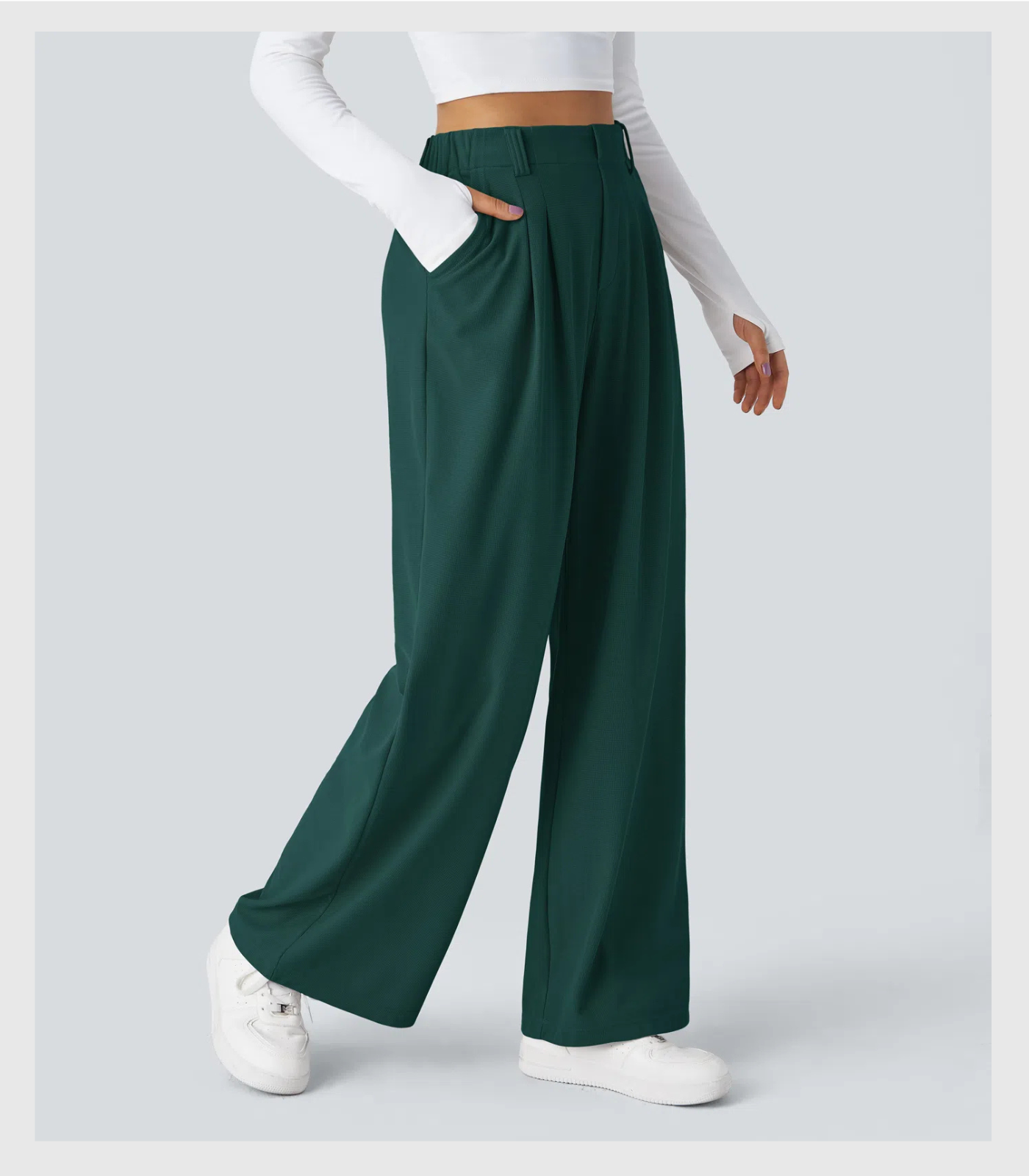 ComfyFlex™ - Pantalon Tailleur Gaufré Taille Haute Poches Latérales Jambe Large