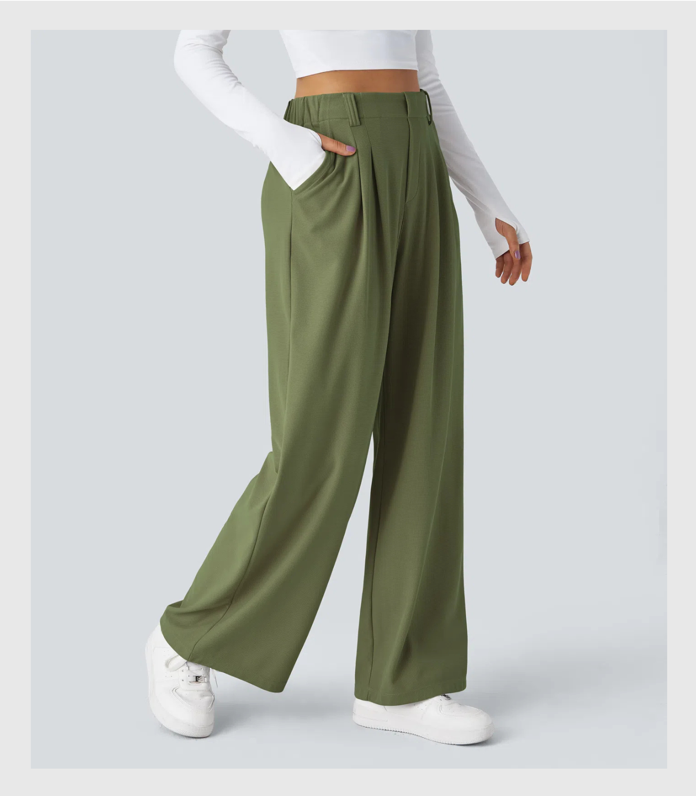 ComfyFlex™ - Pantalon Tailleur Gaufré Taille Haute Poches Latérales Jambe Large
