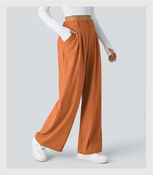 ComfyFlex™ - Pantalon Tailleur Gaufré Taille Haute Poches Latérales Jambe Large