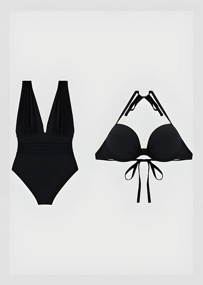 Maillot de bain deux pièces  à décolleté plongeant et froncé avec soutien-gorge dos nu