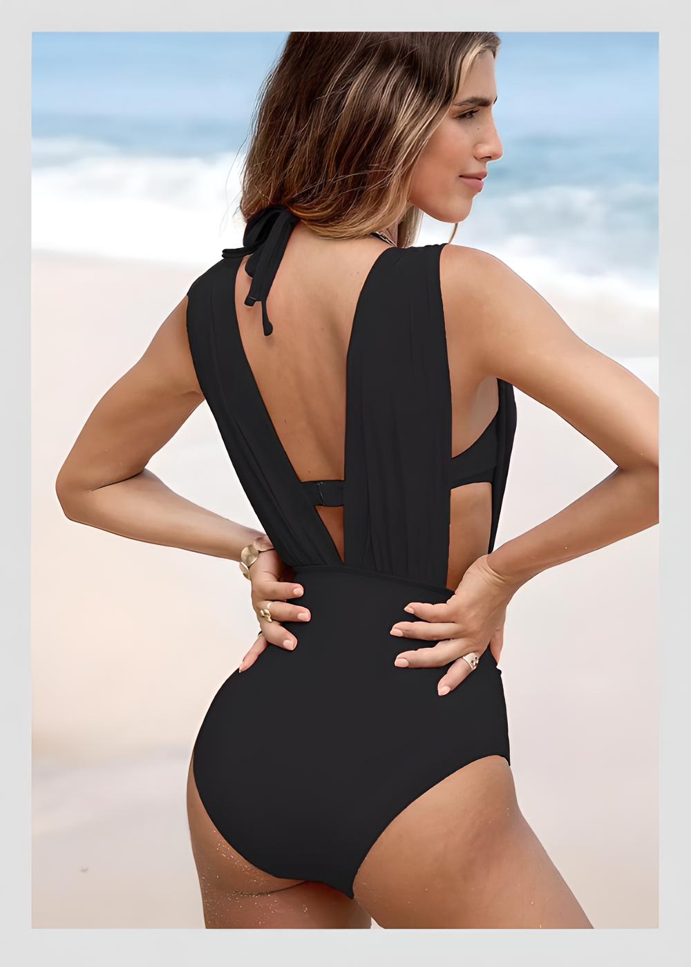Maillot de bain deux pièces  à décolleté plongeant et froncé avec soutien-gorge dos nu
