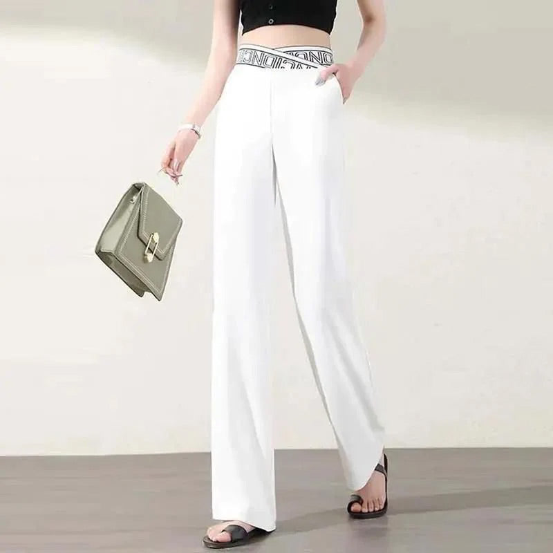 Pantalon Droit Extensible à Taille Haute et Jambes Larges pour Femmes