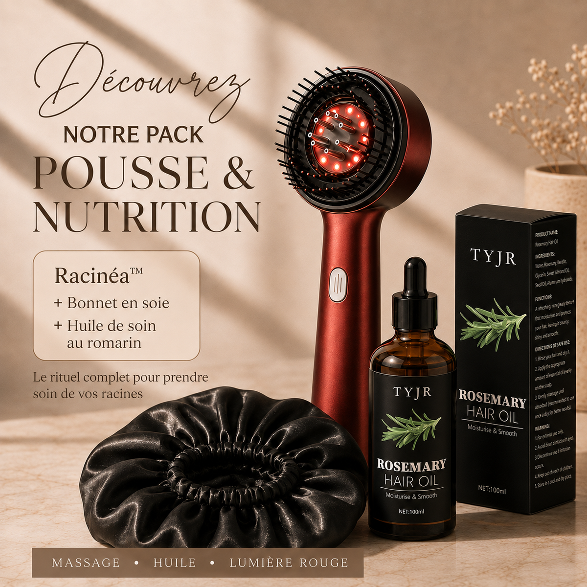 Racinéa™ — Brosse Massage Cuir Chevelu 3-en-1 avec Lumière Rouge & Diffuseur d’Huile