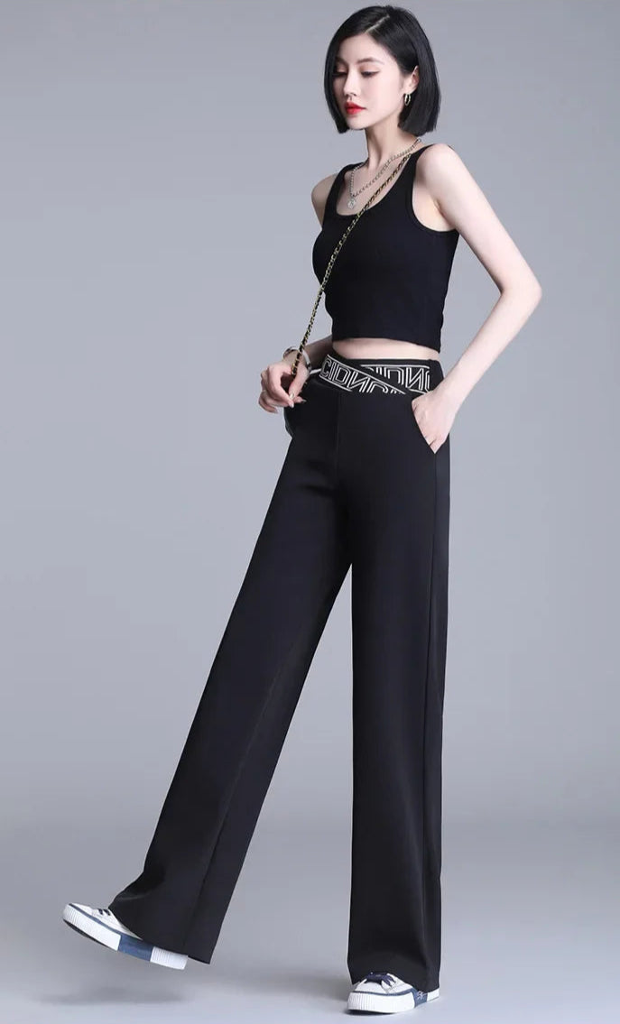 Pantalon Droit Extensible à Taille Haute et Jambes Larges pour Femmes