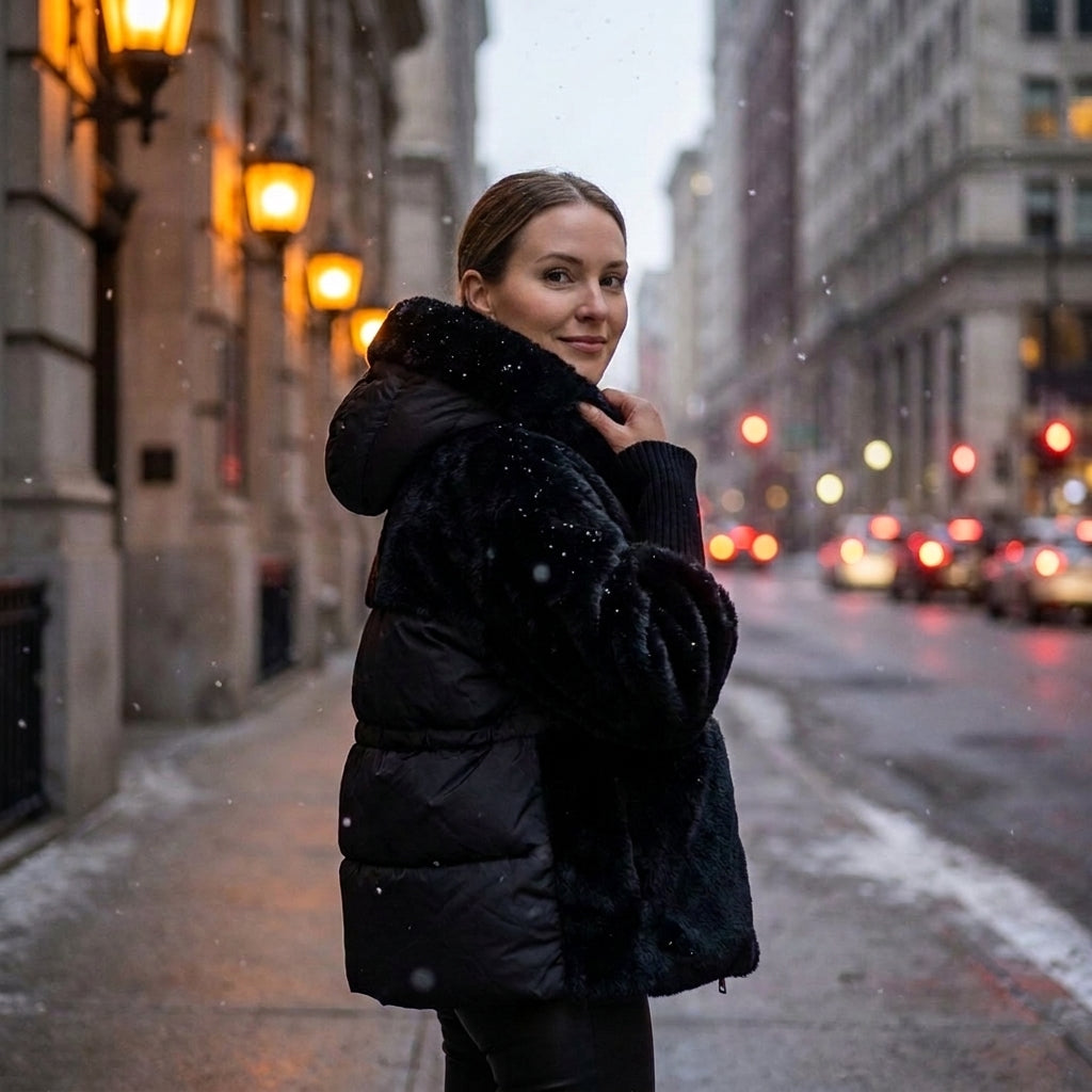 Manteau Cocon Fausse Fourrure à Capuche
