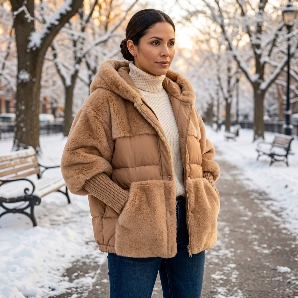 Manteau Cocon Fausse Fourrure à Capuche