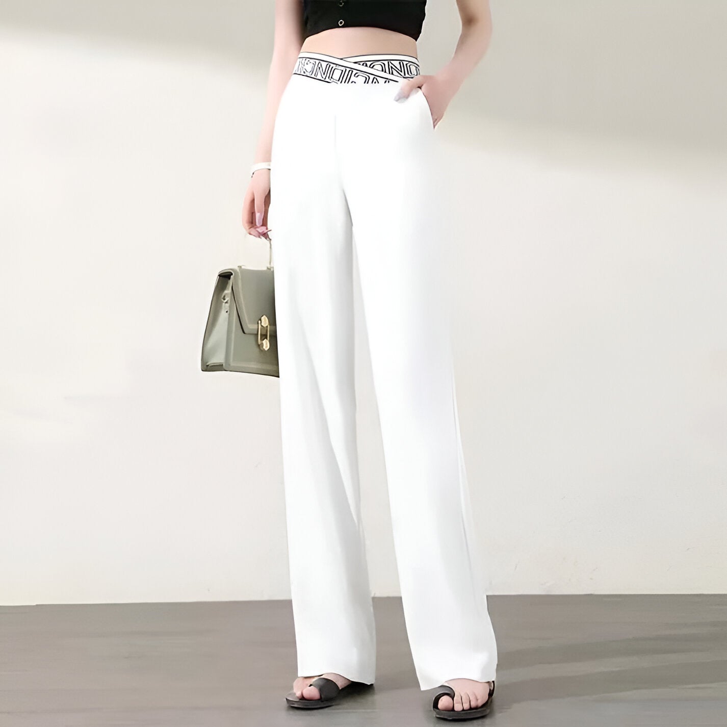 Pantalon Droit Extensible à Taille Haute et Jambes Larges pour Femmes