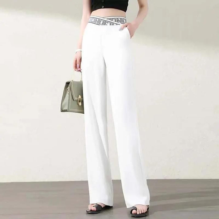 Pantalon Droit Extensible à Taille Haute et Jambes Larges pour Femmes