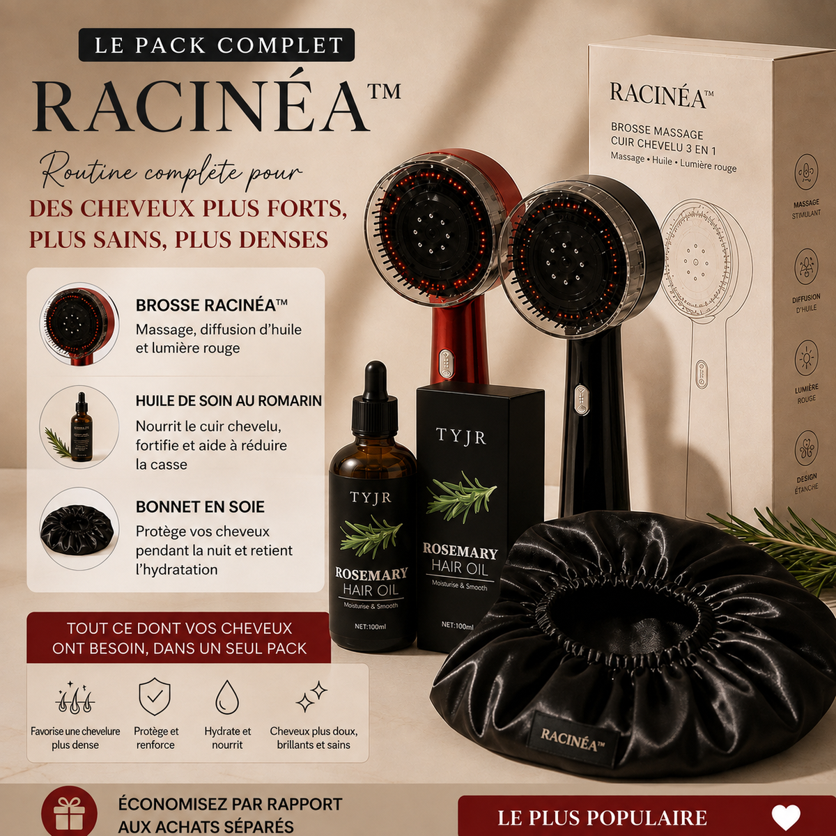 Racinéa™ — Brosse Massage Cuir Chevelu 3-en-1 avec Lumière Rouge & Diffuseur d’Huile