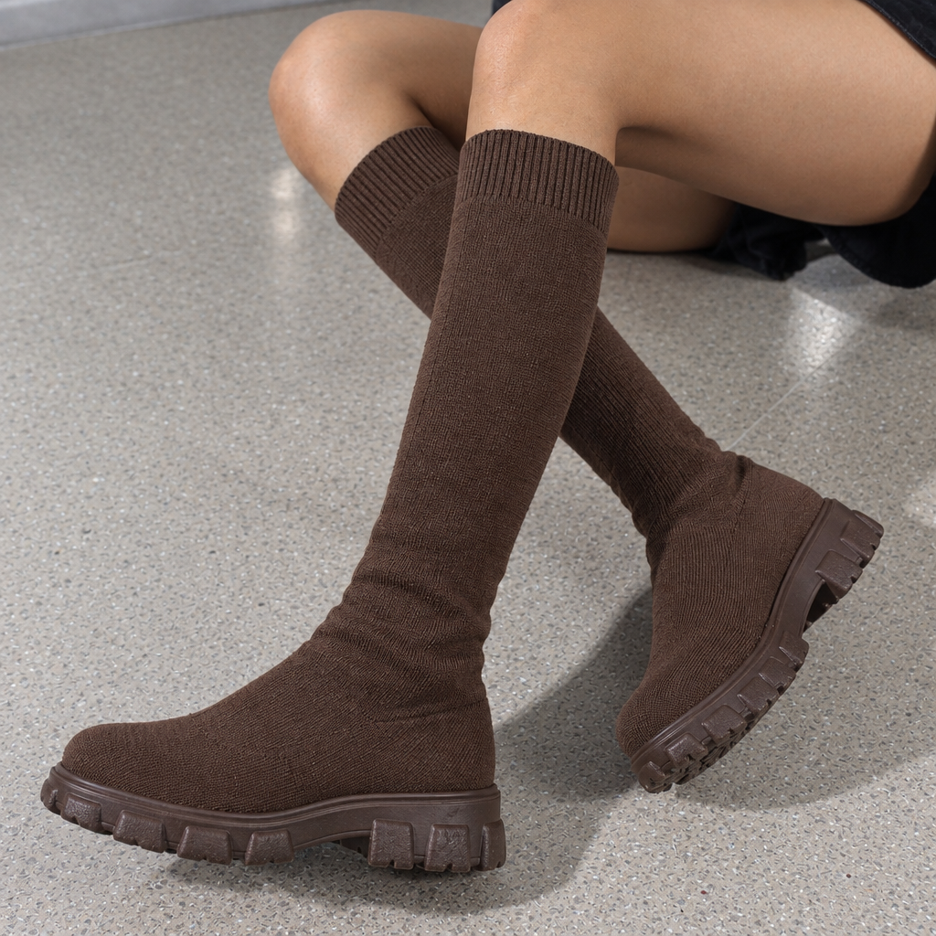 Bottes Chaussettes Montantes Maille Tricotée - Semelle Chunky