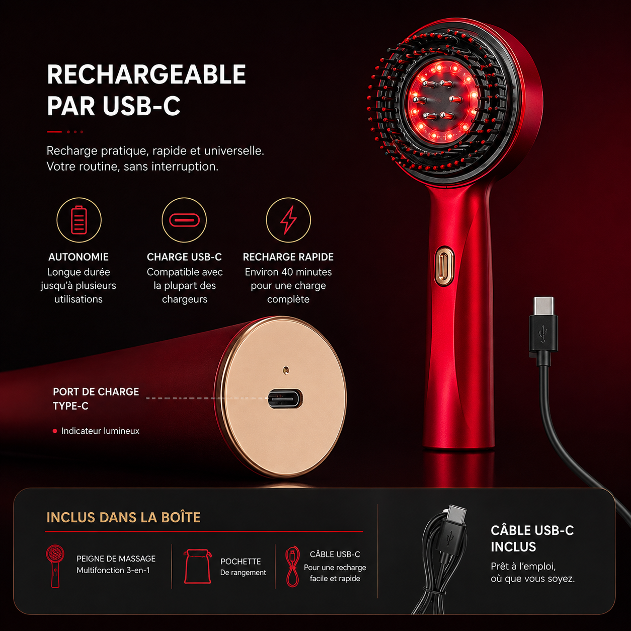 Racinéa™ — Brosse Massage Cuir Chevelu 3-en-1 avec Lumière Rouge & Diffuseur d’Huile
